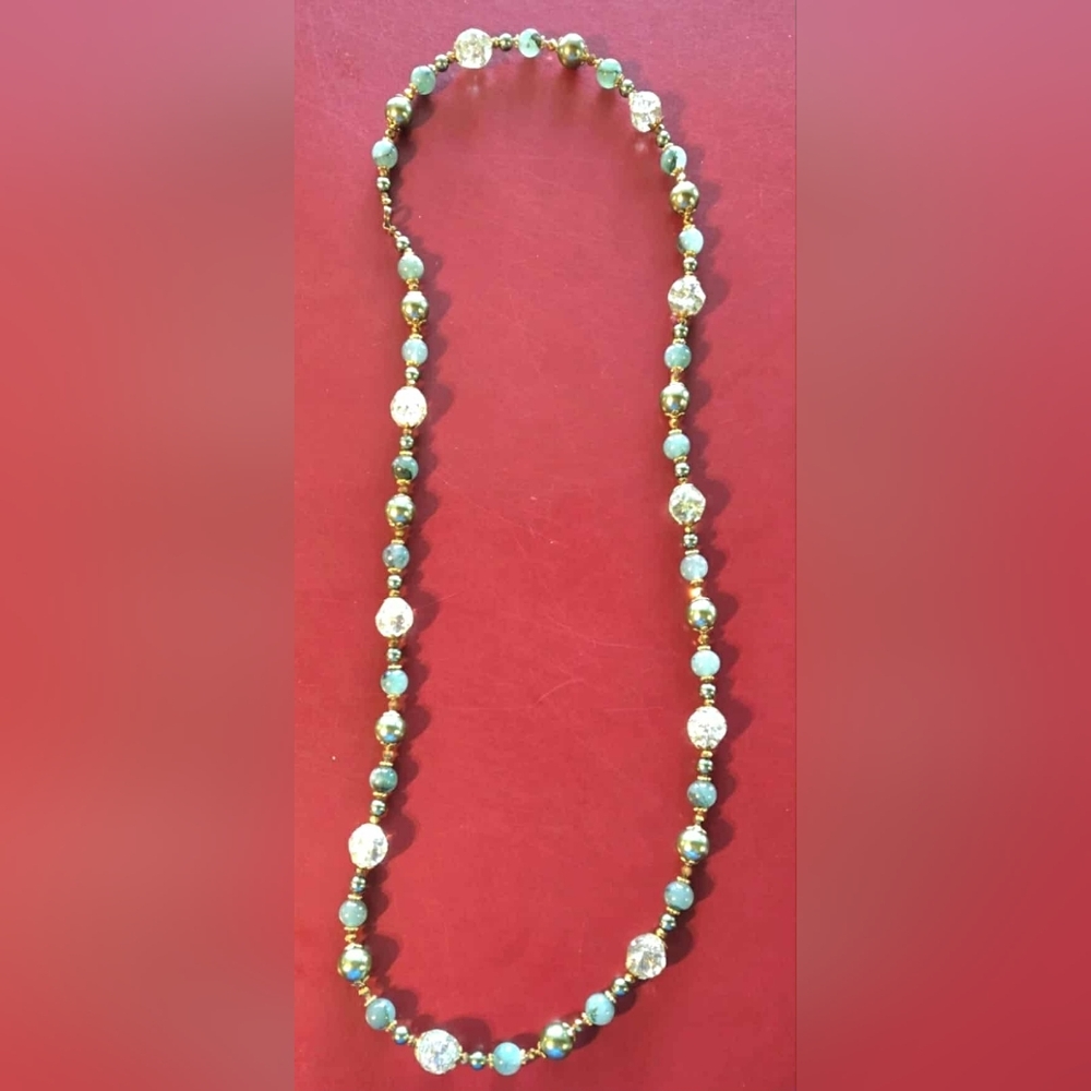 Vintage Green Art Glass Beaded Necklace Gold Tone Connectors No Clasp Jewelry